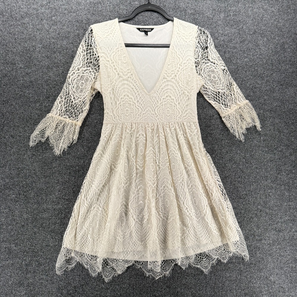 Express Dress‎ Womens 2 Lace Floral V-Neck Flowy Coquette Feminine Boho Cottage